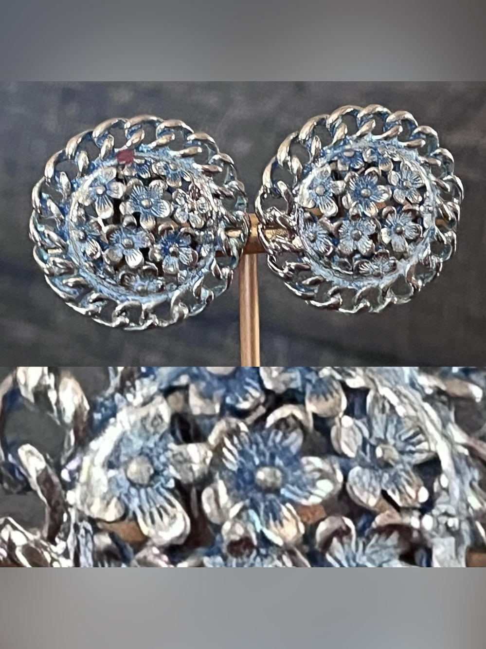 Vintage Cherry Blossom Filigree Button Earrings - Silver and Blue